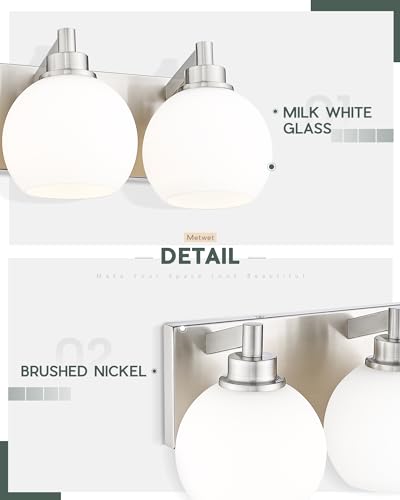 Image of Bathroom Light Fixtures, 4 Light Brushed Nickel Vanity Light, 26 Inch Modern Wall Sconces with Globe Milk White Glass Shade, Vanity Lighting Fixtures Over Mirror, VL195-BN-ML-4