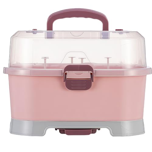 Image of Baby Bottle Drying Rack Storage, Large Nursing Bottle Storage Box Organizer with Cover, Portable Kitchen Cabinet Organizer, Easy to Clean Drainer, Durable countertop Dryer Pink