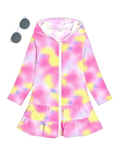 Image of Girls Swim Cover Up Kids Long Sleeve Swimsuit Coverup Terry Beach Pool Clothes with Sunglasses