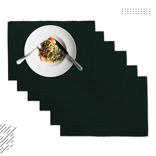 Encasa XO Dining Placemat Set of 6 | Solid Dark Green Color | Fine Ribbed Cotton Table mat | Size 19x13 in | Machine Washable