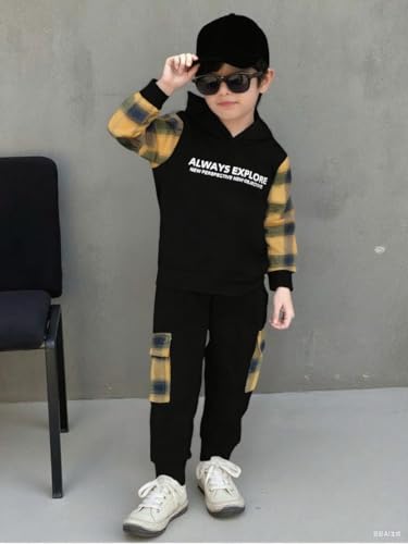 2-6T Toddler Baby Boy Clothes Long Sleeve Hooded Pullover Plaid Sweatshirt + Pants 2pcs Fall Winter Outfit Set2