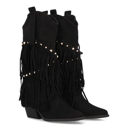 97776 Bota de Estilo Western con Cana Alta Decorada con Flecos en Cascada y Tachuelas metalicas, Punta Fina y Tacon Cubano. Ideal para Mujer en Temporada de Otono Invierno Negro Talla 39