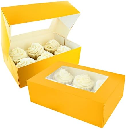 Baked with Love 650214 6/12 Cupcake Box, Twin Pack, Bold Stripes & Yellow Windowed to Carry Tasty Treats, Includes Dual Insert for 6 Standard Cupcakes or 12 Mini Cupcakes, Pack of 2 Boxes