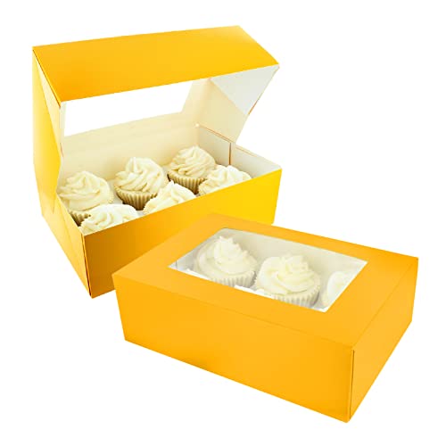 Baked with Love 6/12 Cupcake Box, Twin Pack, Sunflower Cupcake Boxes to Carry Tasty Treats, Includes Dual Insert for 6 Standard Cupcakes or 12 Mini Cupcakes, Pack of 2 Yellow Boxes