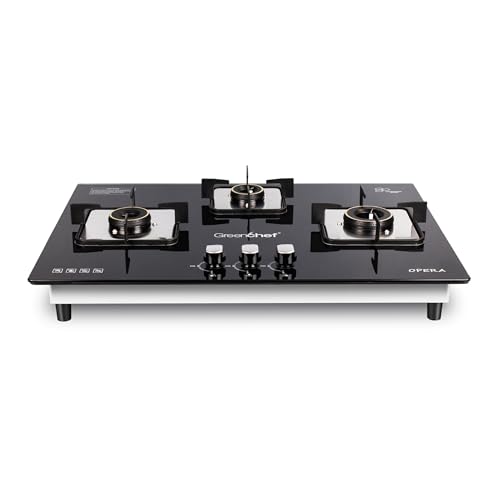 Image of Greenchef Opera Hob top three burner gas stove - Auto Ignition, Toughened Glass, LPG Compatible, Sleek and compact design