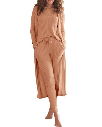 Image of Eurivicy Womens Lounge Set Waffle Knit 3 Piece Pajama Sets Tank Tops Loose Pants with Long Cardigan Loungewear 2026