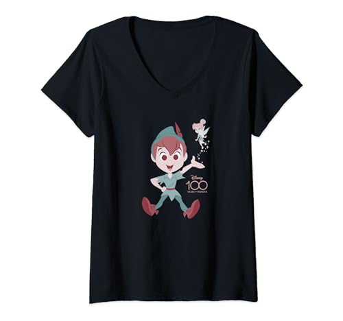 T-shirt Col V Peter Pan et Fée Clochette Disney 100 Ans de Magie pour Fan de l'Univers Fantastique