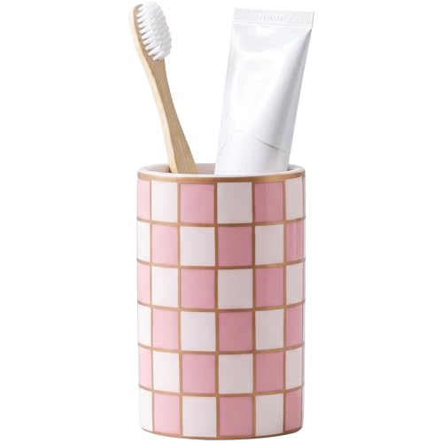 Pink and White Checkered Ceramic Toothbrush Holder, Modern Bathroom Cup Countertop Organizer, Stylish Storage Box for Bathroom Vanity (Checkered Pink)