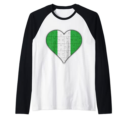 Nigeria Nigerian Flag Heart Raglan Baseball Tee, Black