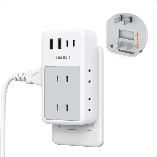 電源タップ usb付き コンセントタップ 雷ガード 6個AC口 4USBポート（2つType-Cポート） TESSAN PD20W USB充電器 l字 縦型 たこあし コンセント タコ足配線 雷サージ 調節可能な追加補助プラグ 日本国内でのみ使用可能 グレー