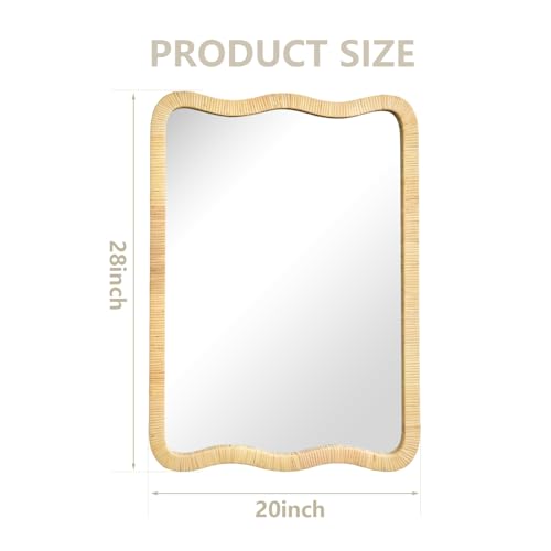 Wavy Rattan Bathroom Mirror 20"x28" Rectangle Boho Handmade Wicker Rattan Framed Mirror for Bedroom Living Room Vanity Natural - Image 3