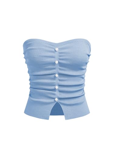 Image of CIDER Faux Pearl Tube Tops for Women Split Hem Knit Crop Y2K Going Out Tops | Cute Ruched Tops, Spring Summer Outfits, Vacation, Concert