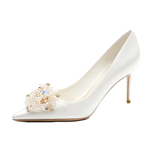 Women's Shiny Crystal Closed Toe White Heels Comfortable Slip On