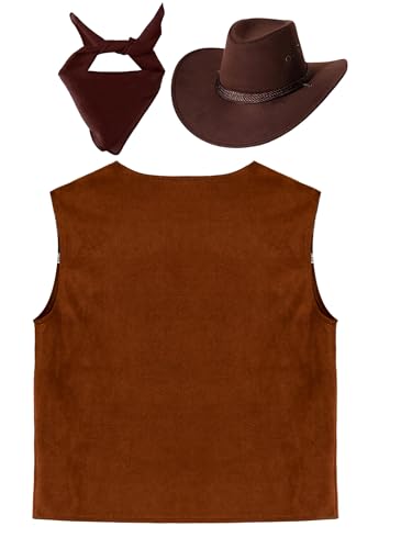 Kids Boys Girls Western Cowboy Cowgirls Outfits Cow Print Vest with Bandana Hats Set for Halloween Party4