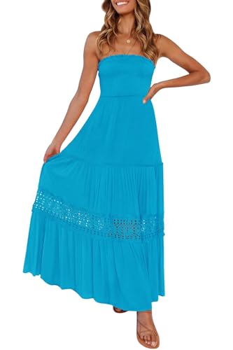 ZESICA Women's 2025 Summer Bohemian Strapless Off Shoulder Lace Trim Backless Flowy A Line Beach Long Maxi Dress,Cobalt,Small