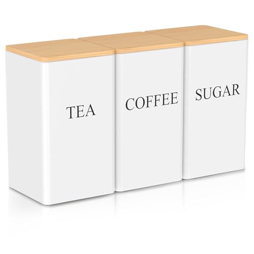 HuhWafee Lot de 3 bocaux de cuisine, pour café, thé, sucre, boîte de rangement facile à nettoyer avec couvercle hermétique en bambou, ensemble de bocaux...