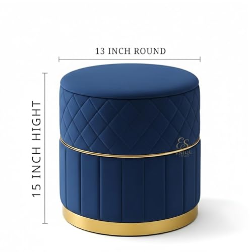 Image of ENIQE STORE Set of 2 Round Velvet Ottoman Footstool Gold Base - Tufted Upholstered Pouffe Stool for Living Room, Bedroom & Dressing Area (Blue-2)