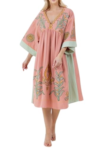 Image of Joiemont Womens Oversized Floral Embroidered Long Dress with V-Neck and 3 /4 Sleeves Vintage Embroidery Babydoll Dress