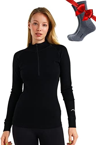 Merino Wool Base Layer Women Long Sleeve Half Zip Shirt (Medium, 250 Black)