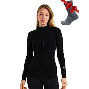 Merino Wool Base Layer Women – 100% Merino Half Zip Sweater Women Lite, Midweight, Heavyweight Thermal Shirts + Merino Socks