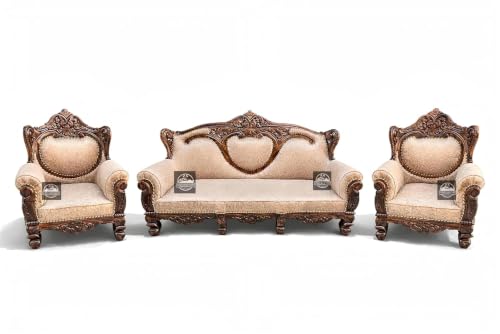 Image of Royal Carved Wooden Sofa Set | 3+1+1 Seater | Antique with Button Tufted Velvet Upholstery | Victorian Style Living Room Furniture Tufted Sofa Set Grey 3-Piece (Design 12)