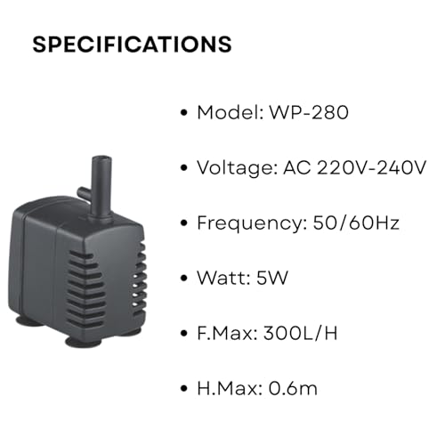 Image of S0B0 WP-280 Submersible Water Pump for Aquarium Fish Tank | Compact Design | Suitable for Freshwater and Saltwater Aquarium | Power: 5W| F.Max: 300L /H | Original from Tunai Store