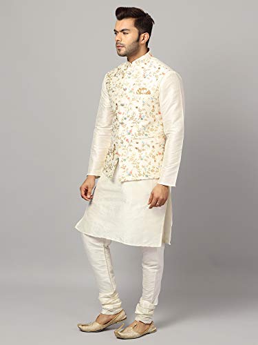 Image of Uri and MacKenzie Men's Silk Blend Regular Kurta Churidar Pyjama with Bundi Nehru Jacket /Waistcoat