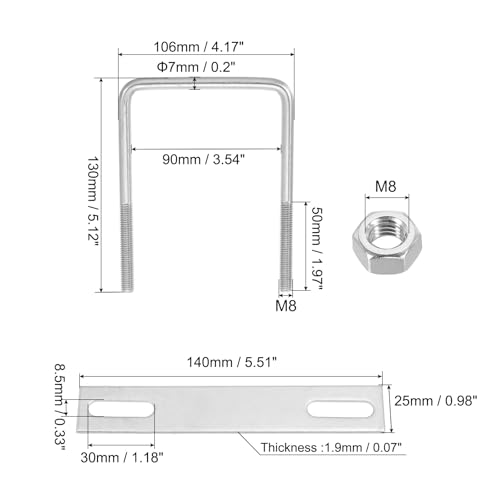 Image of PATIKIL M8x90x130mm Square U-Bolts Kit, 4Set 304 Stainless Steel Square U Shaped Bolts Replacement Parts with Frame Plates and Nuts for Ski Board Sailboat Trailer