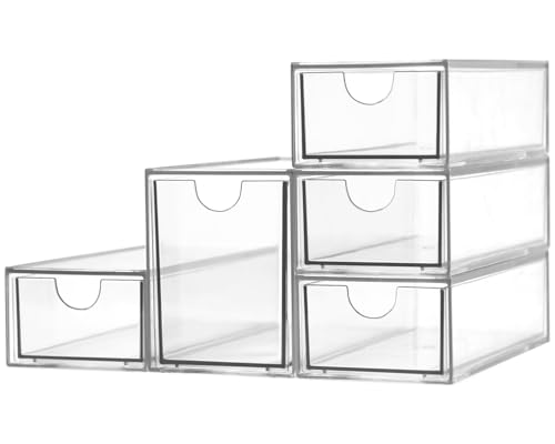 Image of Acrylic Makeup Organizer, Clear Storage Organizer Desktop Stackable Storage Drawers, Plastic Organizer Bins for Makeup, Stationery, Cosmetics, Vanity, Bathroom,Cabinet,Pantry Office Desk (5 Drawers)
