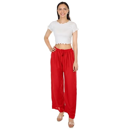 Image of Women's Rayon Palazzo Pants | Solid Color Wide Leg Trousers in 18 Shades | Elastic Waist Casual Bottoms XS-7XL | Comfortable