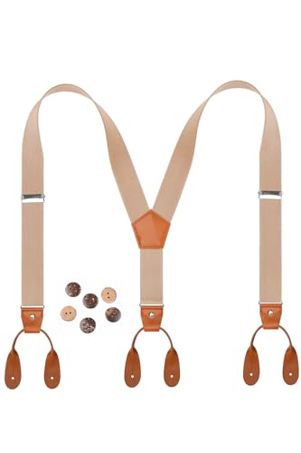 ZXEROYM Mens Suspenders 1.4 Inches Button End Elastic Adjustable Y-Back 43 IN khaki