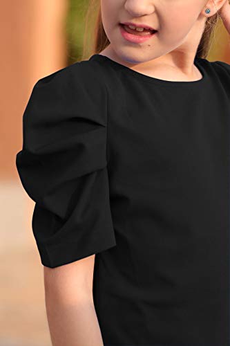 Image of GORLYA Girl's Puff Sleeve Casual Solid T-Shirt Pullover Keyhole Back Blouse Tops for 4-14T Kids