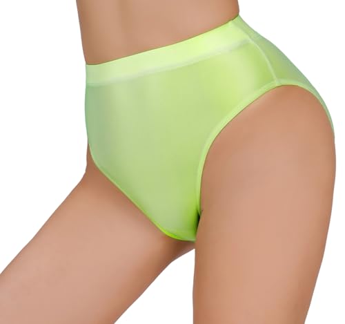 FEOYA Women's Sexy Sheer Panties Shiny Glossy Oil Silk Underwear See Through High Cut Briefs Stretch Lingerie Underpants Green M