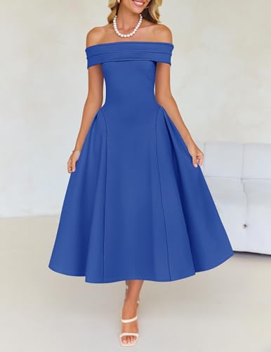 Image of ZESICA Summer 2026 Cocktail Dresses for Women's Off Shoulder Short Sleeve Swing A Line Wedding Evening Party Midi Dress