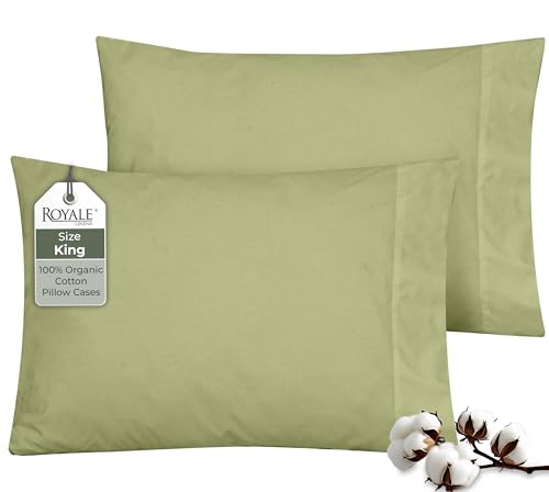 Image of ROYALE LINENS 100% Organic Cotton Percale Pillowcases Set of 2 - King Size Percale Pillowcase - King Set of 2 Pillow Cover - Breathable, Cool & Crisp Sage Green Pillow Cases (20 inchx40 inch, Sage Green)