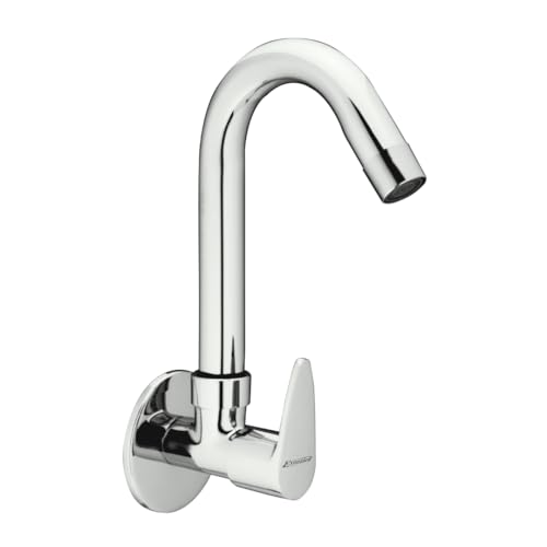 Image of Chrome Finish Silver Sink Cock | Wall Mounted Faucet for Kitchen & Utility Use - Sleek & Durable Design - Prime