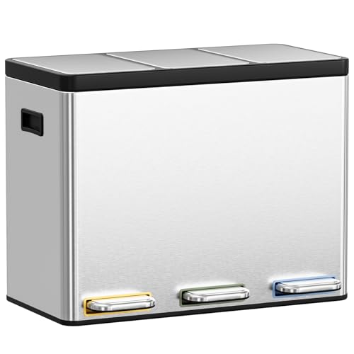Clevich Mülltrennsystem 3×15L aus Stahl, Mülleimer 3 Fächer mit farbcodierten Pedalen, Abfalleimer mit Soft-Close-Deckeln und Inneneimern, Silber