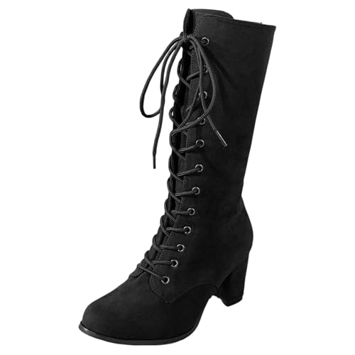 Women's Combat Riding Platform Knee High Boots, Lace Up Fall Winter Mid Calf Chunky Heel Gothic Motorcycle Boots - Main Image