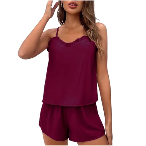 Pajama Sets for Women Solid Strap Tank Tops Shorts Sleepwear Suits Casual Ruffles Camisole Fashion Comfort Pajamas Wine