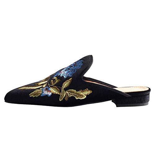 Image of Fericzot Women's Velvet Backless Pointed Toe Slip On Loafers Flats Embroidery Mule Slippers Shoes
