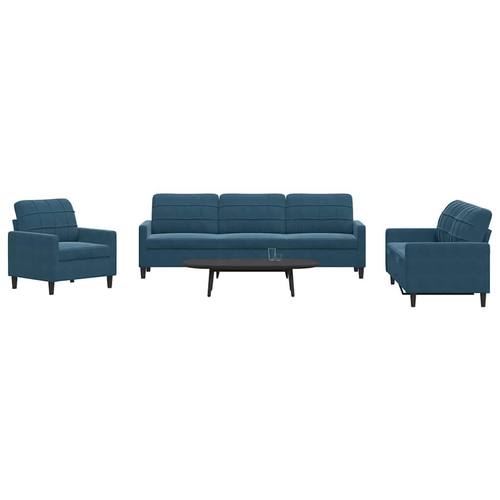 Set di 4 mobili imbottiti con cuscini in velluto blu per soggiorno e camera degli ospiti, moderno divano angolare con sgabello, salone, panca, sdraio, divano, paesaggio residenziale, mobili