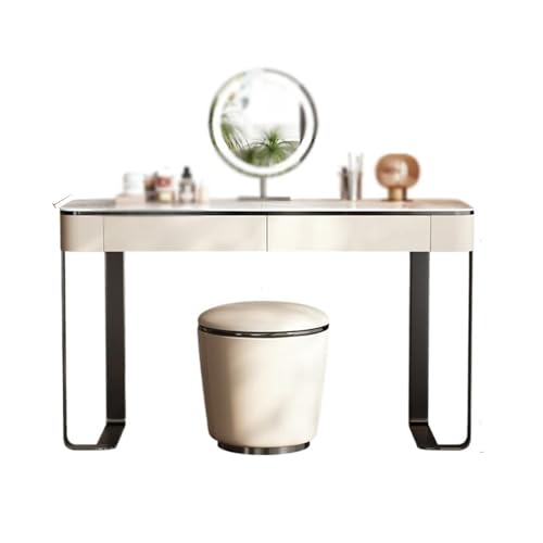 Moderna mesa de maquillaje minimalista de madera maciza con detalles de acero inoxidable, pequeña mesa de tocador de mármol para los amantes de la belleza y la moda