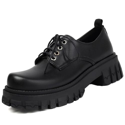 Women's Patent Leather Platform Chunky Lace-up Round Toe Wingtip Oxford Shoes Non-Slip Lug Sole Dress Shoe for Walking Prom Work