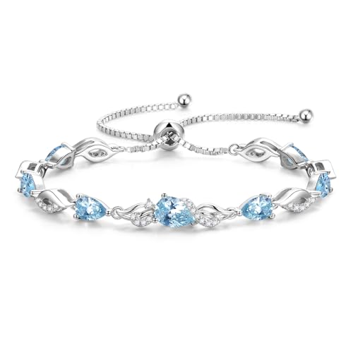 FANCIME March Birthstone Teardrop Aquamarine Tennis Bracelet for Women, Sterling Silver 9x7mm main Gemstone Bolo Adjustable Chain Bracelet Fine Jewelry Birthday Gifts for Women Mom Wife Her