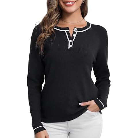 Enjyam Women Lightweight Sweater Long Sleeve Button Down Round Neck Pullover Sweaters Sweatshirt Classic Black Cover