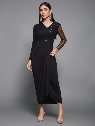 Image of Miss Chase Women's Round Neck Sleeve Embellished Fit Flare Maxi Dress