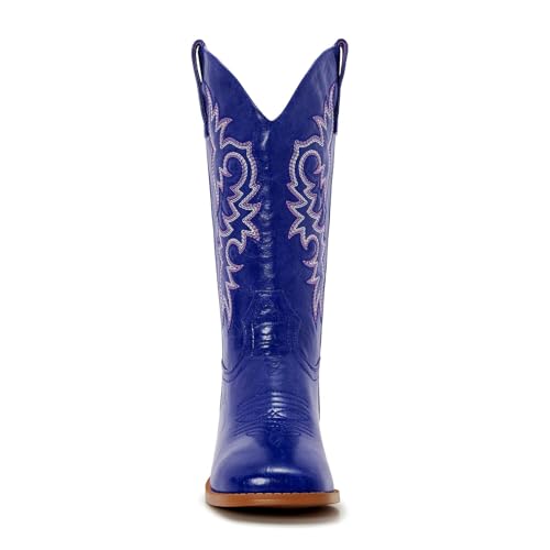 Image of Cowgirl Boots Square Toe Cowboy Boots For Women Ladies Mid Calf Low Heel Flat