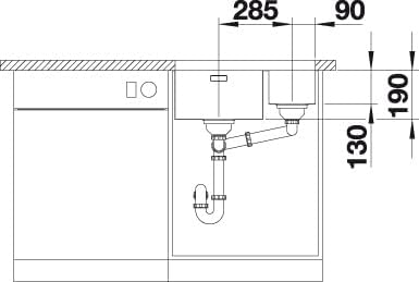 Front view technical drawing of BLANCO ANDANO 522979 sink showing basin depths of 190mm and 130mm, and plumbing layout.