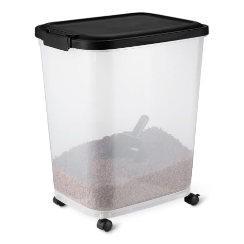 Amazon Basics Pet Food Storage Container with Wheels, BPA-Free, Detachable Scoop, 30lbs Capacity, Reliable Seal