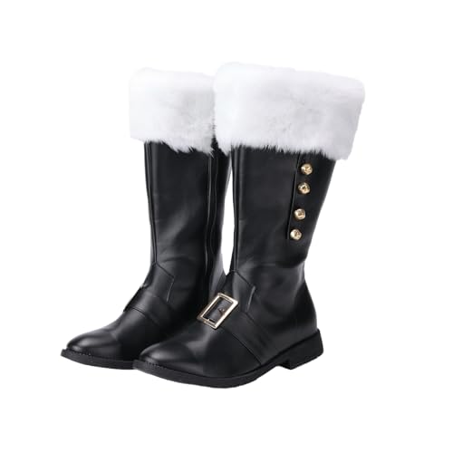 Christmas Santa Claus Boots Mens Halloween Costume Black Boots Wide Calf with White Fur Shoes